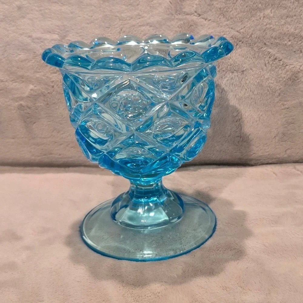Vtg Summit Mosser Blue Pressed Glass Pedestal Bowl Scalloped Diamond Point Dish